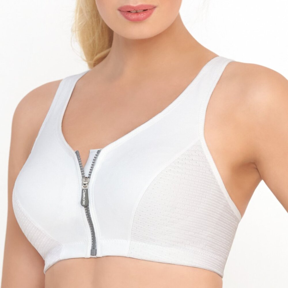 Glamorise SPORT Bra 32D (HIGH-IMPACT) Wicks! (RACERBACK) T-Back Zip-Up WHITE NEW